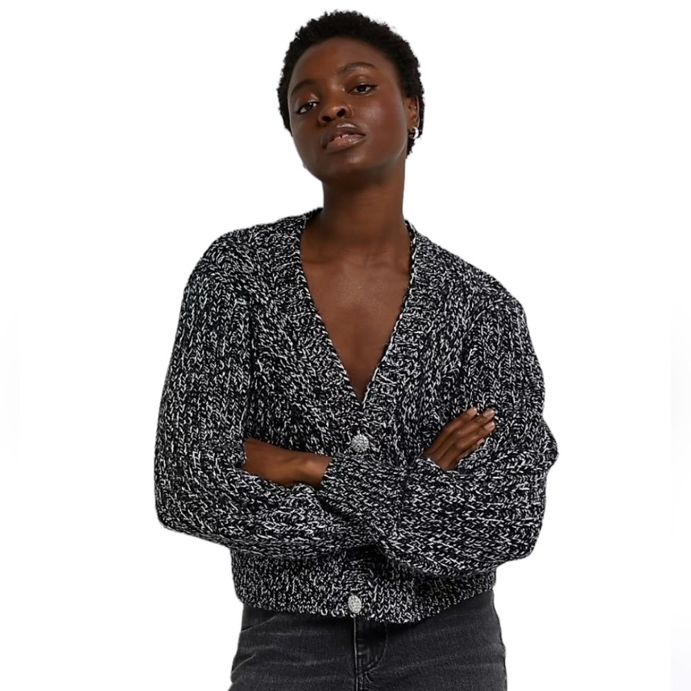 River Island Black Chunky Rib Knit Cardigan Sweater Black/White